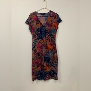 Jones New York Navy, Orange and Pink Printed Midi Dress
